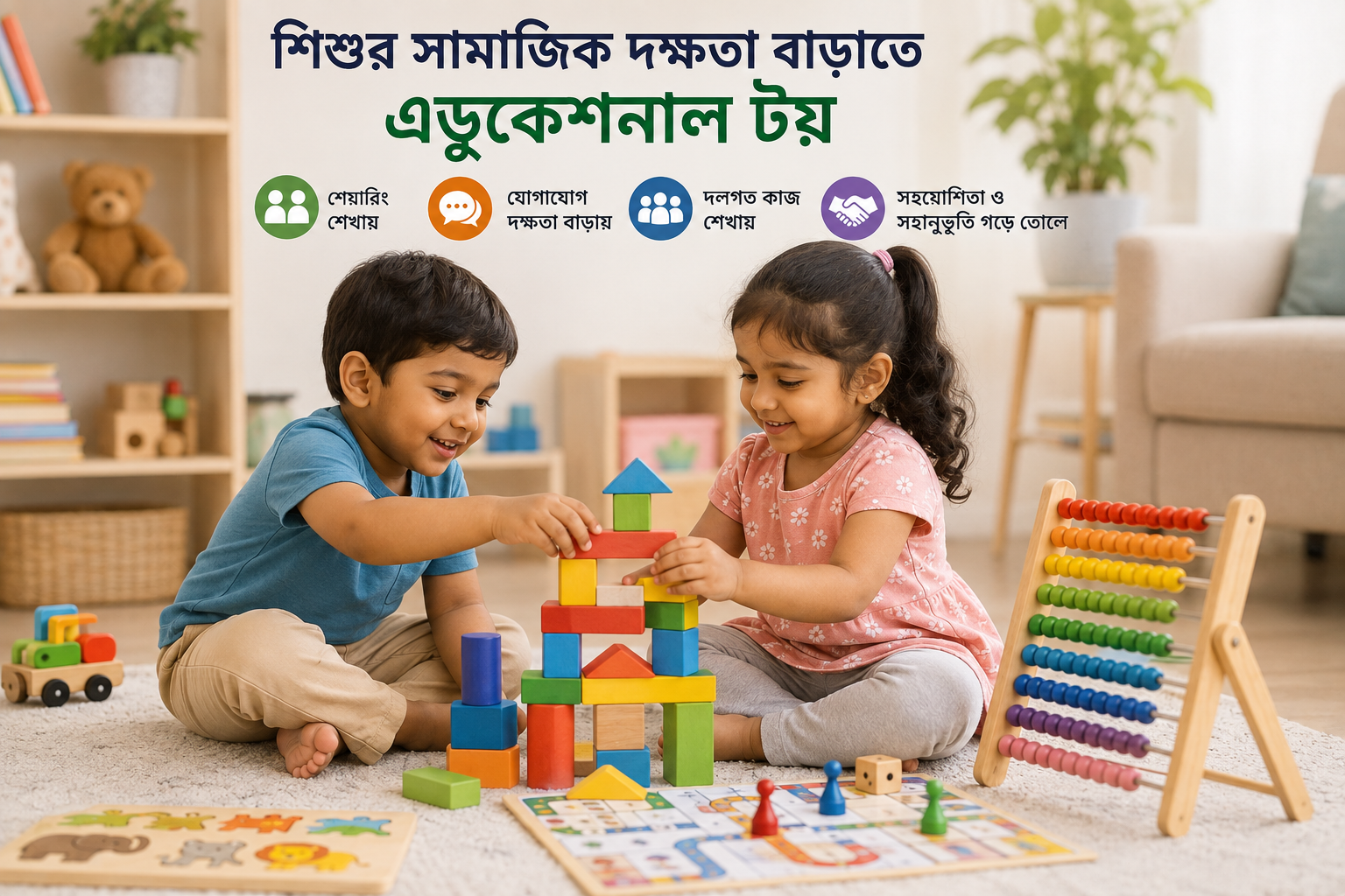 একসাথে এডুকেশনাল টয় নিয়ে খেলছে দুই শিশু