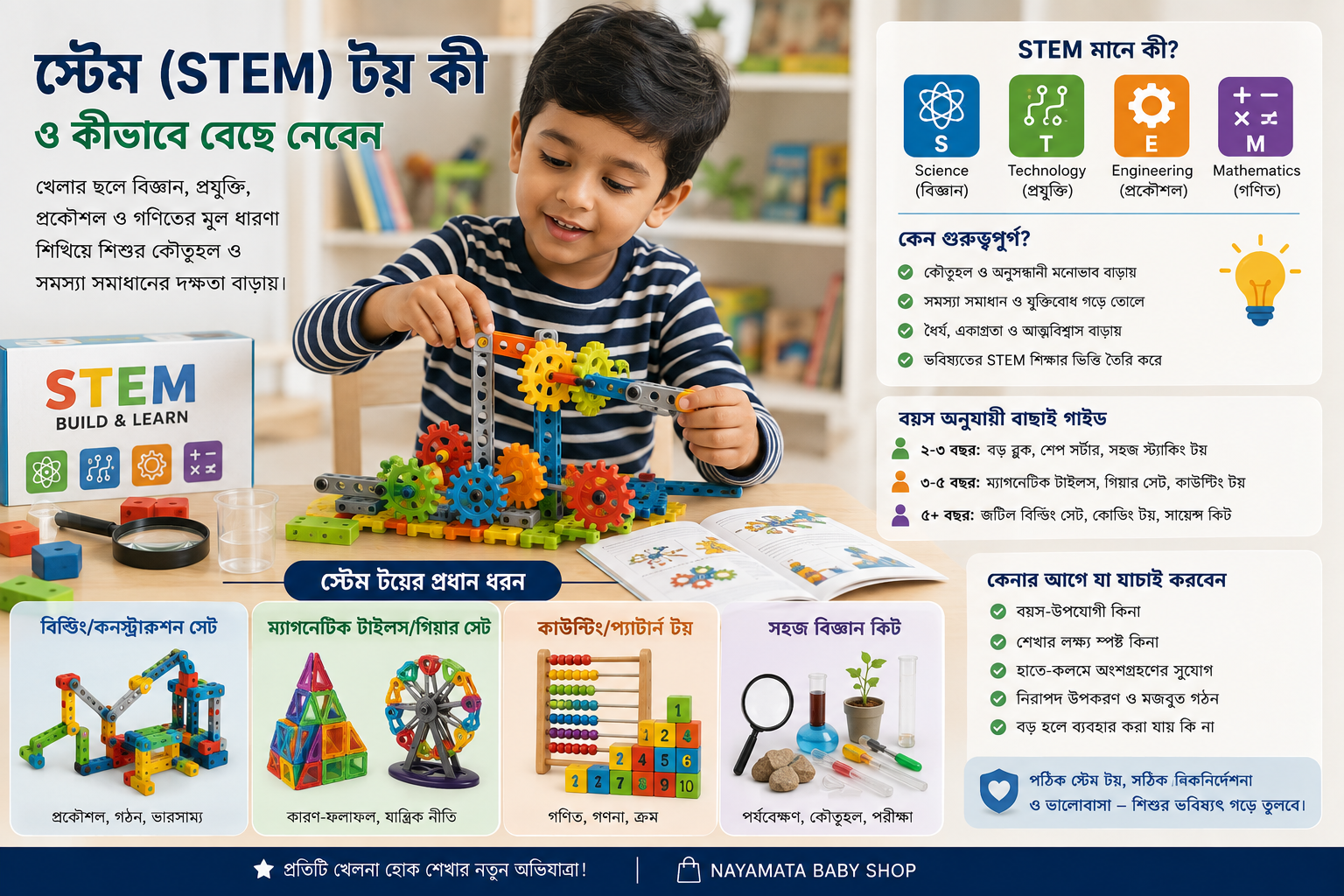 স্টেম টয় নিয়ে পরীক্ষা-নিরীক্ষা করছে একটি শিশু