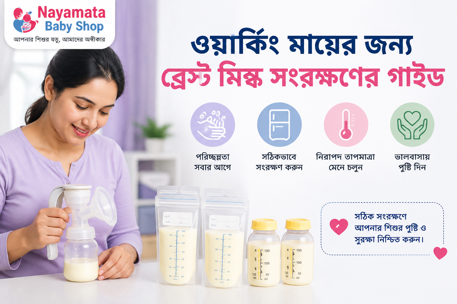 ব্রেস্ট মিল্ক সংরক্ষণ করতে পাম্প করা দুধ লেবেলযুক্ত ব্যাগে ফ্রিজে রাখছেন একজন ওয়ার্কিং মা