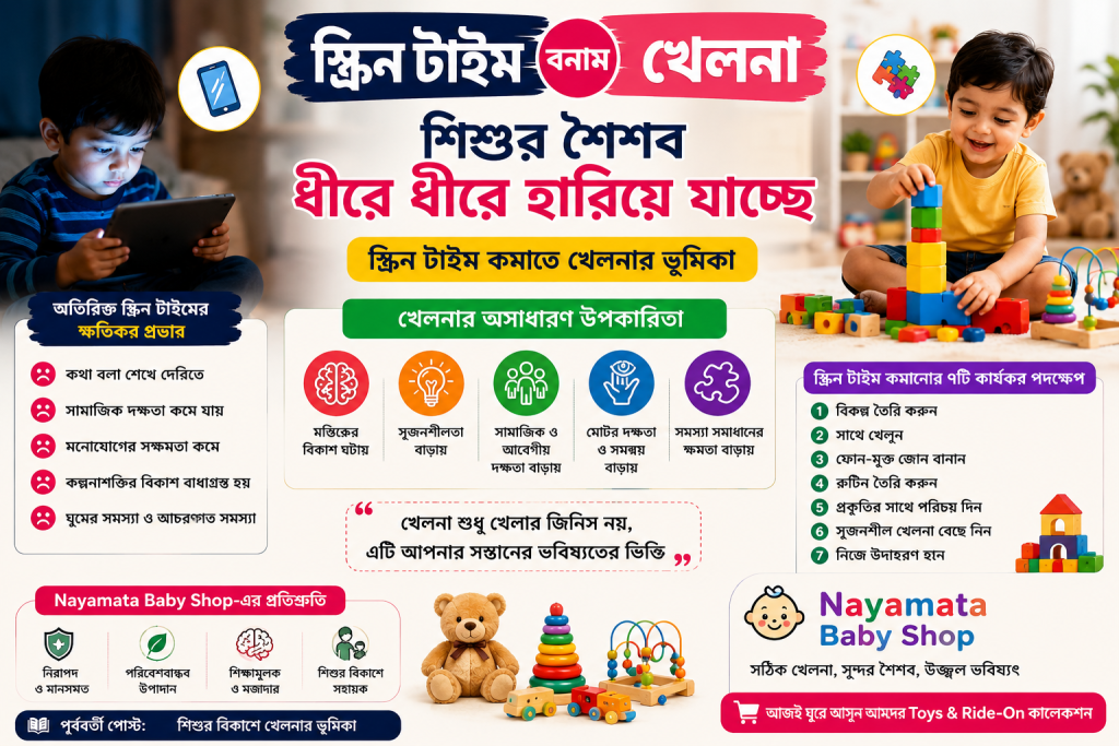 স্ক্রিন টাইম কমাতে খেলনার ভূমিকা – শিশু মোবাইলের বদলে রঙিন খেলনা নিয়ে খেলছে