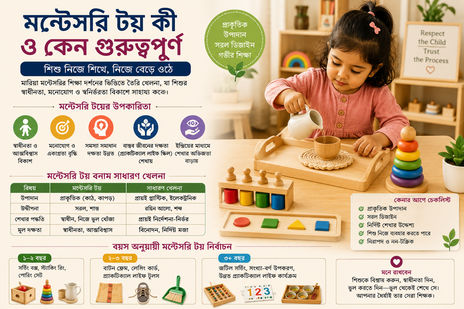 মন্টেসরি টয় নিয়ে স্বাধীনভাবে খেলছে একটি শিশু