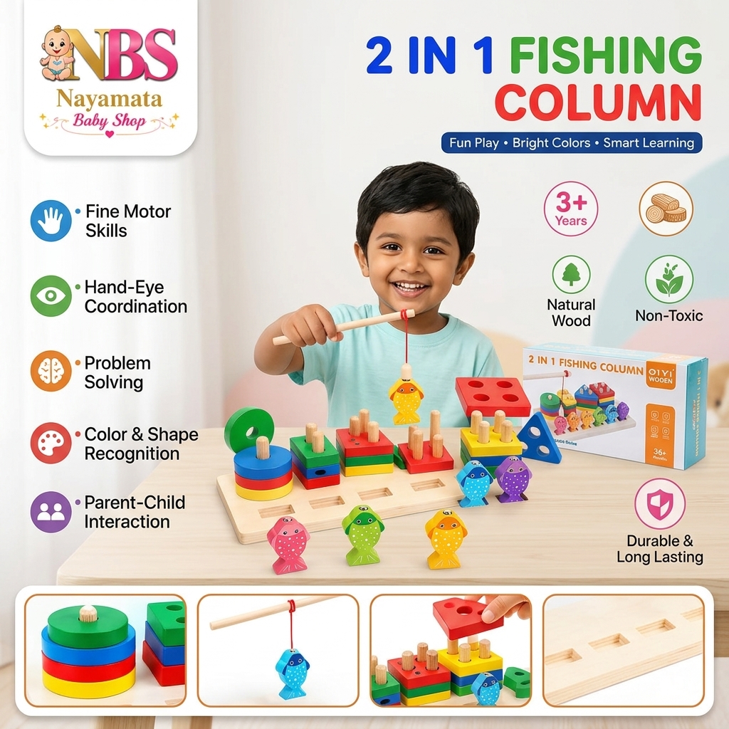 2 in 1 Fishing Column natural wood educational toy with stacking blocks