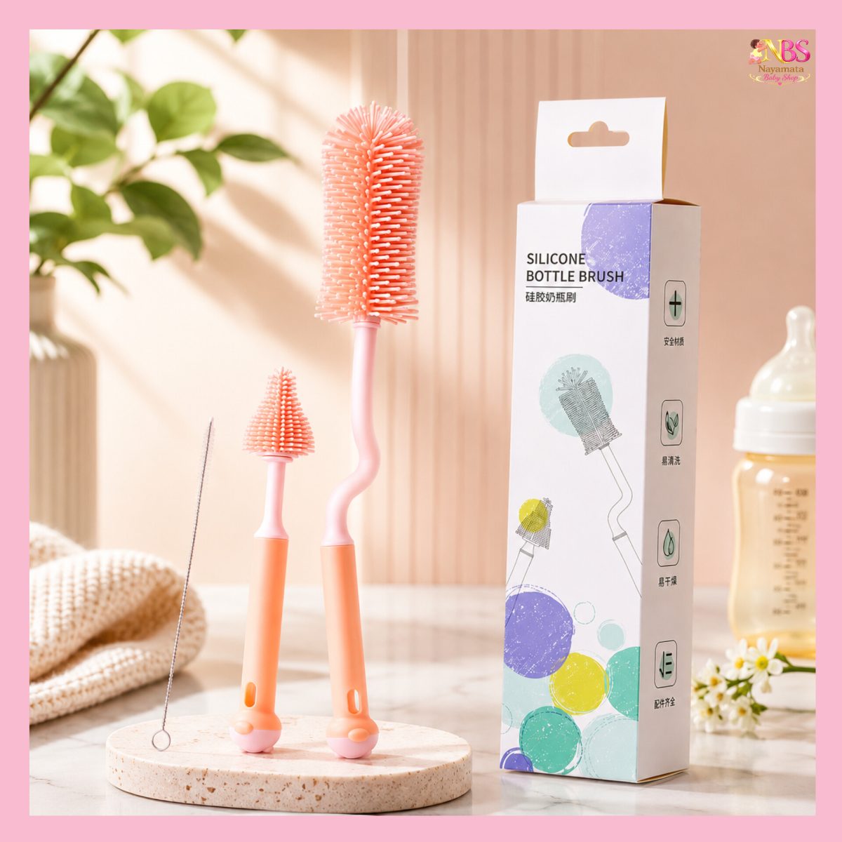 Rotatable Baby Bottle Cleaning Brush Set (3-Piece) - ফিডার, নিপল ও স্ট্র ক্লিনিং ব্রাশ