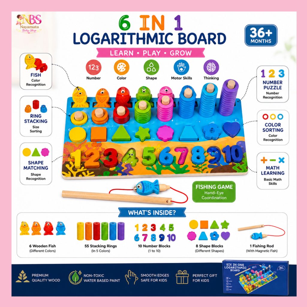 6 In 1 Montessori Logarithmic Learning Board for Kids 36+ Months – শিশুর শিক্ষামূলক কাঠের খেলনা বোর্ড